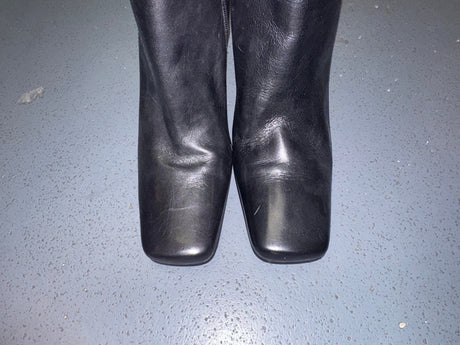 Black Leather Square Toe Boot with Fur Trim US 7