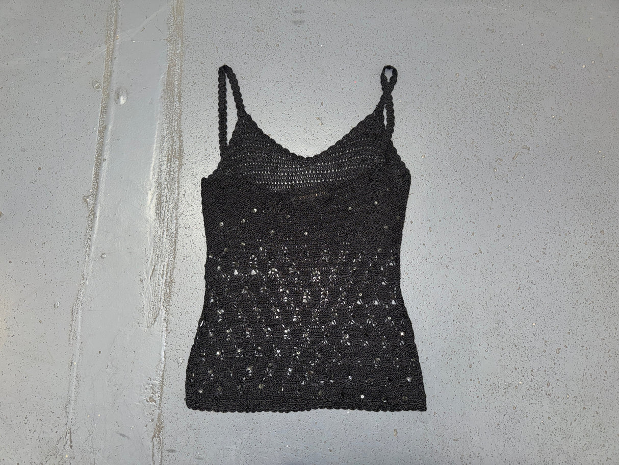 JACQUELINE DE YOUNG Black Knit Crochet Sequin Tank