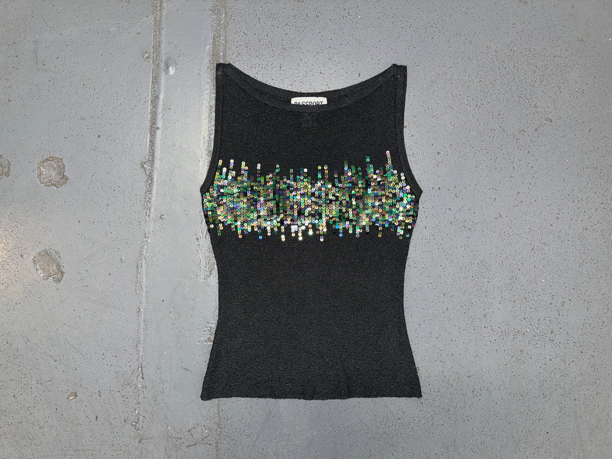 PASSPORT Black Metallic Knit and Sequin Sleeveless Top