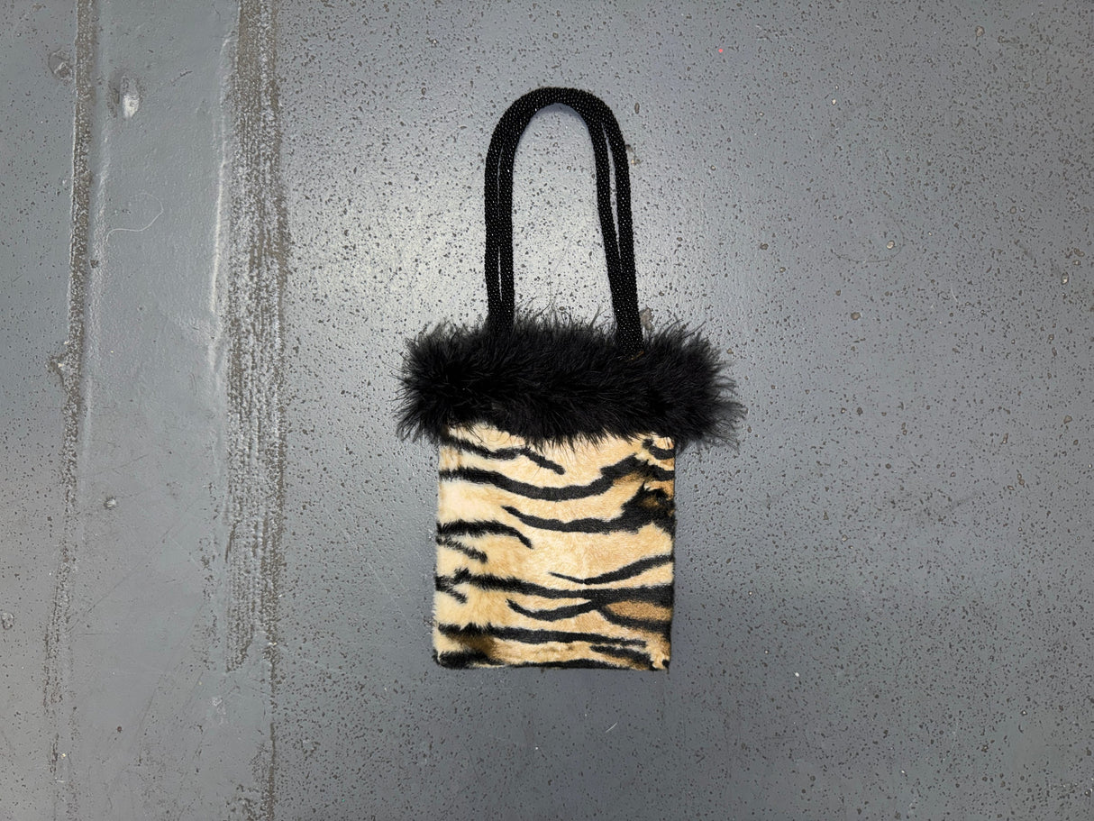 ERMO Tiger Print Faux Fur Bag with Feathers and Beaded Handles