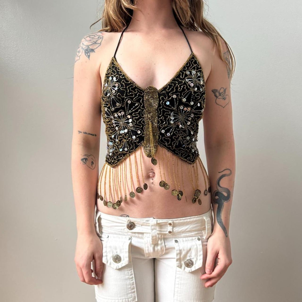 Italian Gold Sequined Fringe Butterfly Halter Tank