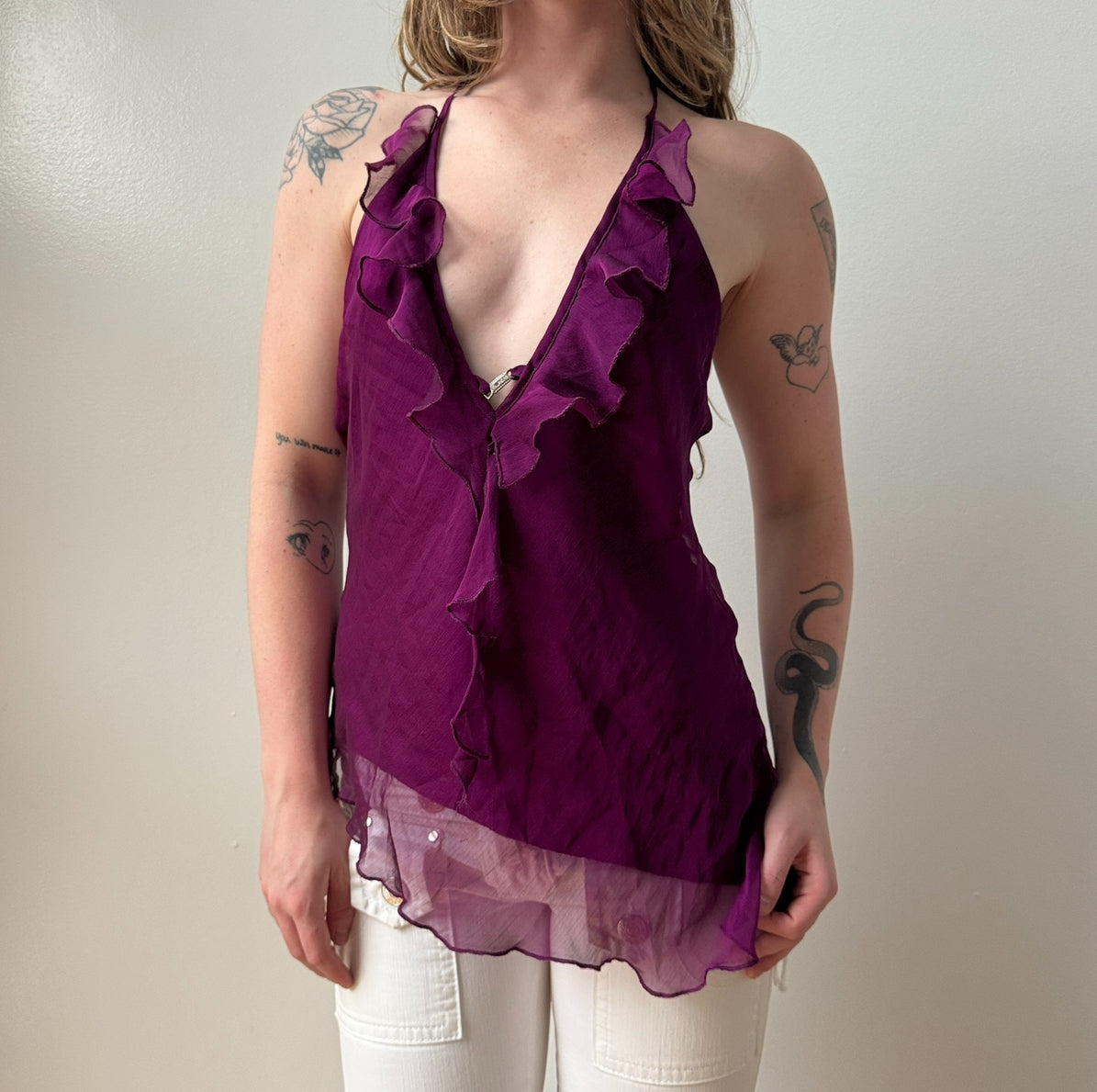 Italian Purple Asymmetrical Ruffled Fairy Halter Tank
