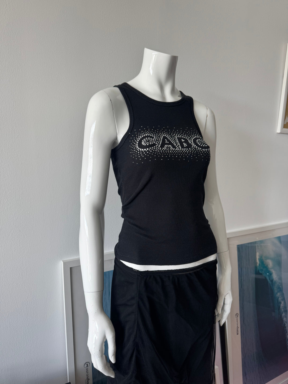 Black Ribbed Tank with Cabo Sequin Logo