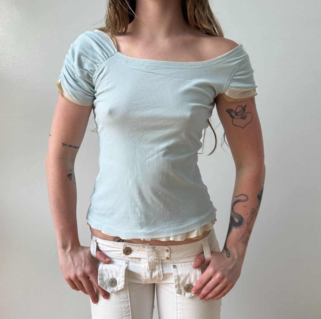 Italian Baby Blue Cream Layered Mesh Ruffled Blouse