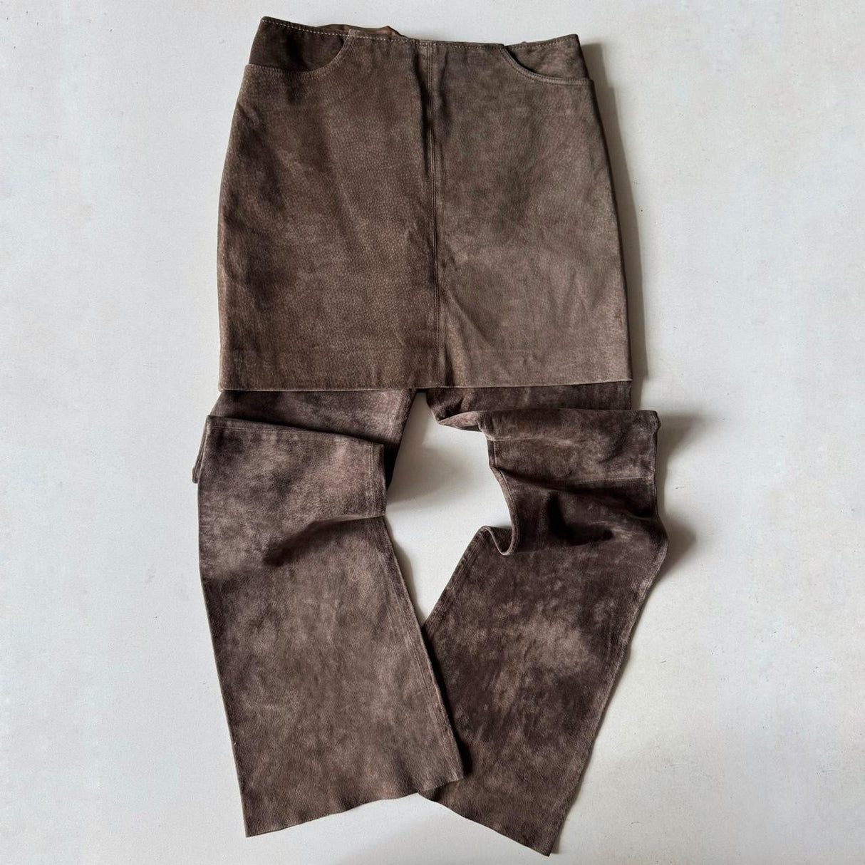 Italian Brown Suede Leather Skirt Pant Set