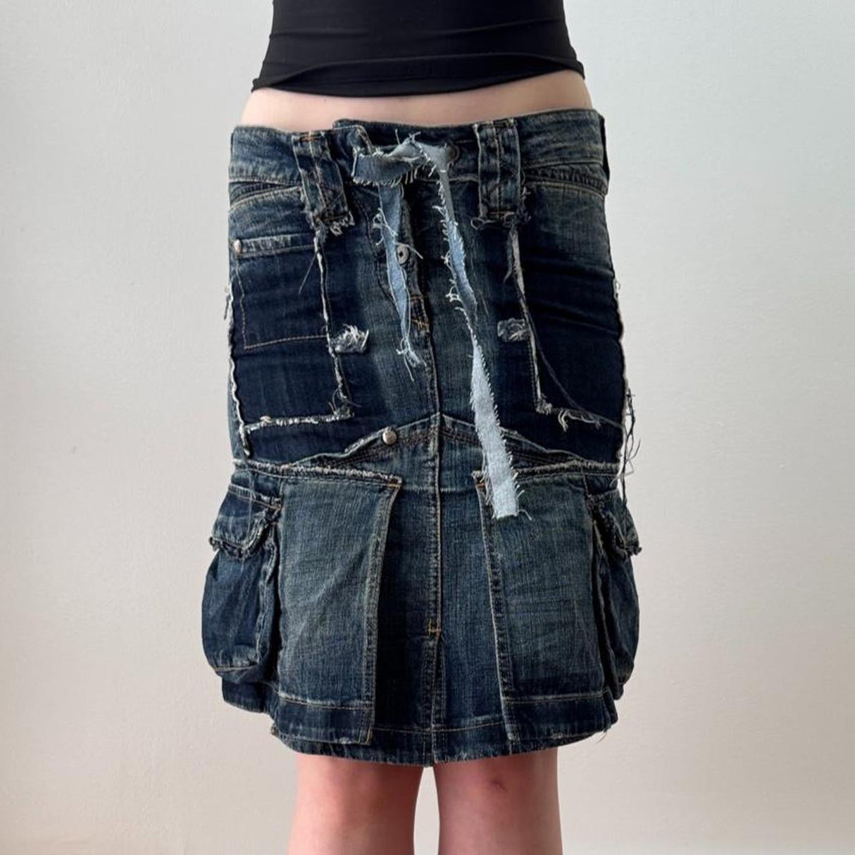 French Marithe Francois Girbaud Denim Patchwork Midi Skirt