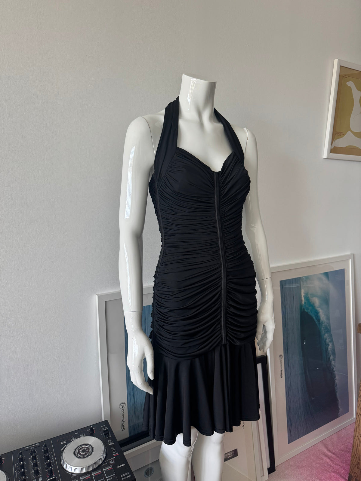 TADASHI Black Ruched Halter Dress Sz S