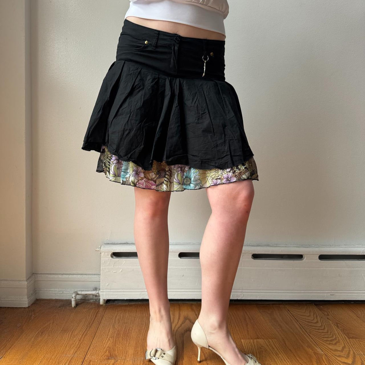 Italian Black Patchwork Fairy Silk Trim Midi Skirt