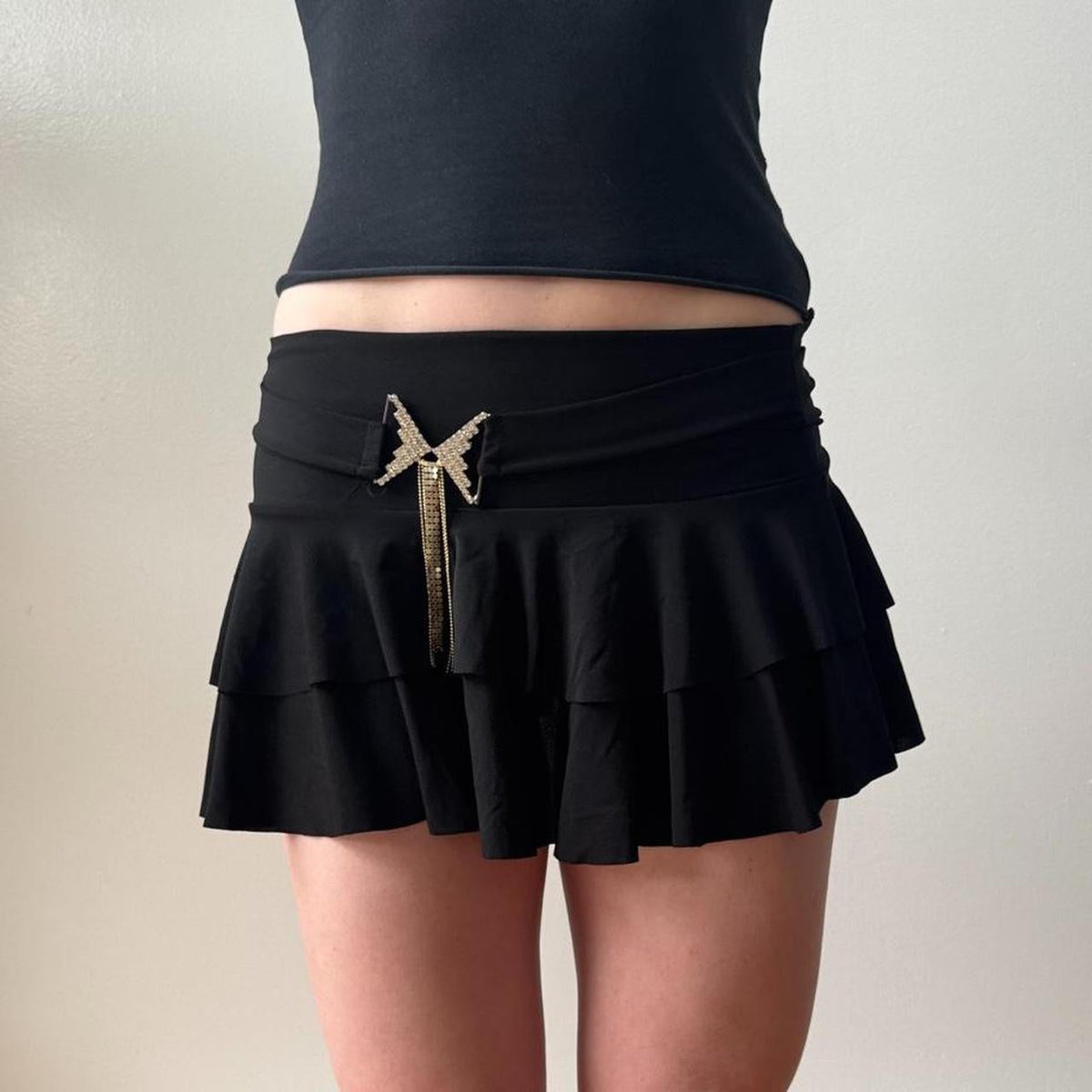 Italian Black Gold Butterfly Belt Ruffled Micro Mini Skirt