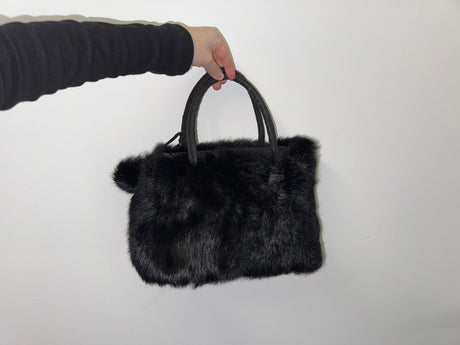 Black Rabbit Fur Bag with Pom Poms