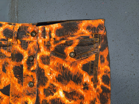 JUST CAVALLI Orange/Black Animal Print Denim Midi Skirt