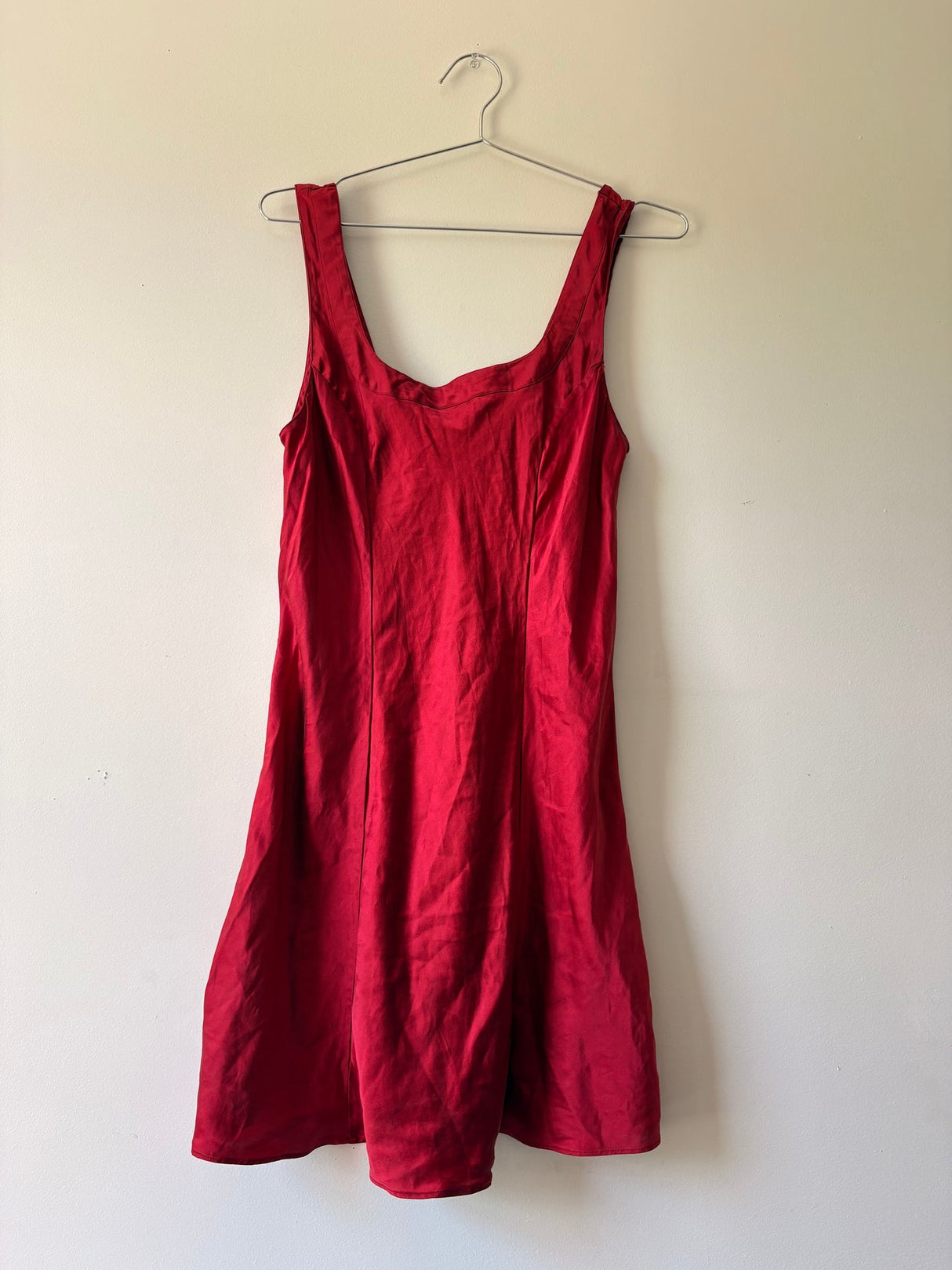 Red silk slip dress