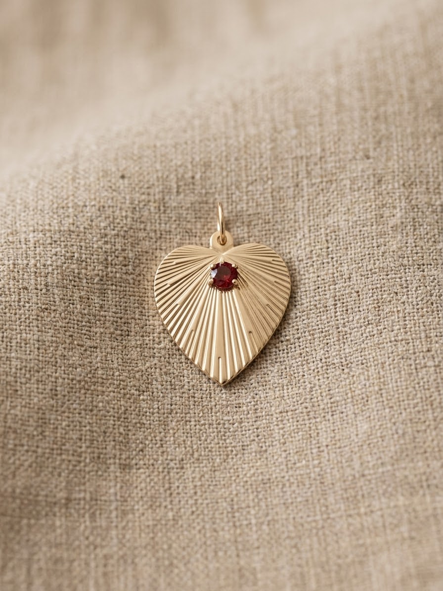 14K Engine Turned Heart Medallion with Garnet