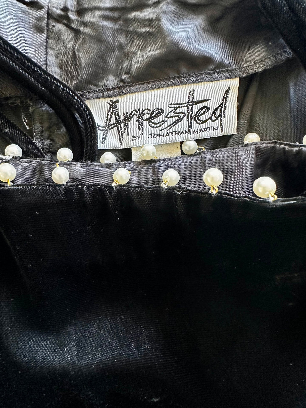 1980 Arrested Noir Velvet Cross Body Pearl Trim dress