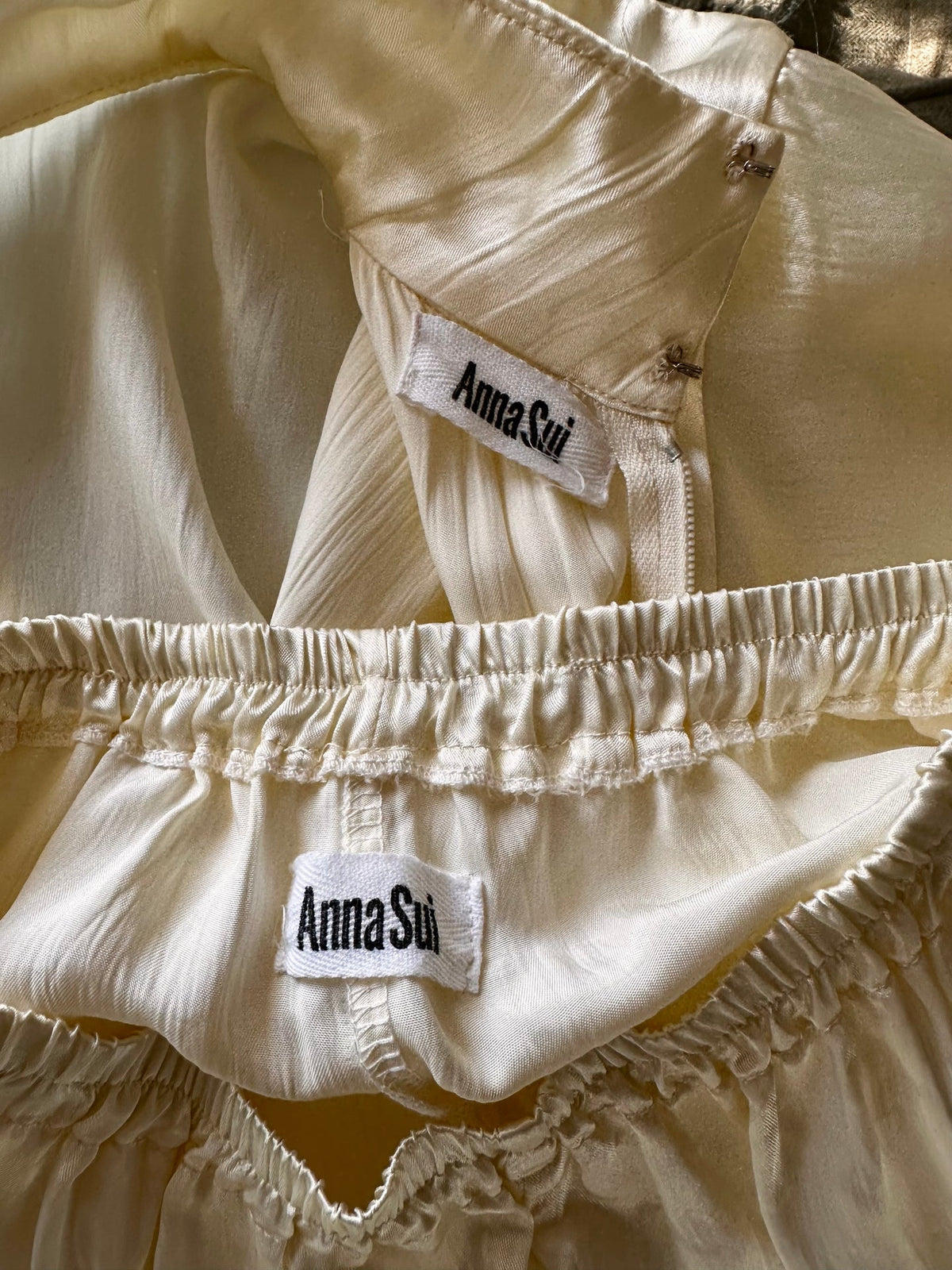 1990 Blanc Pleated Tank 1991 Anna Sui Runway Collection Cream Silk Pearl button up