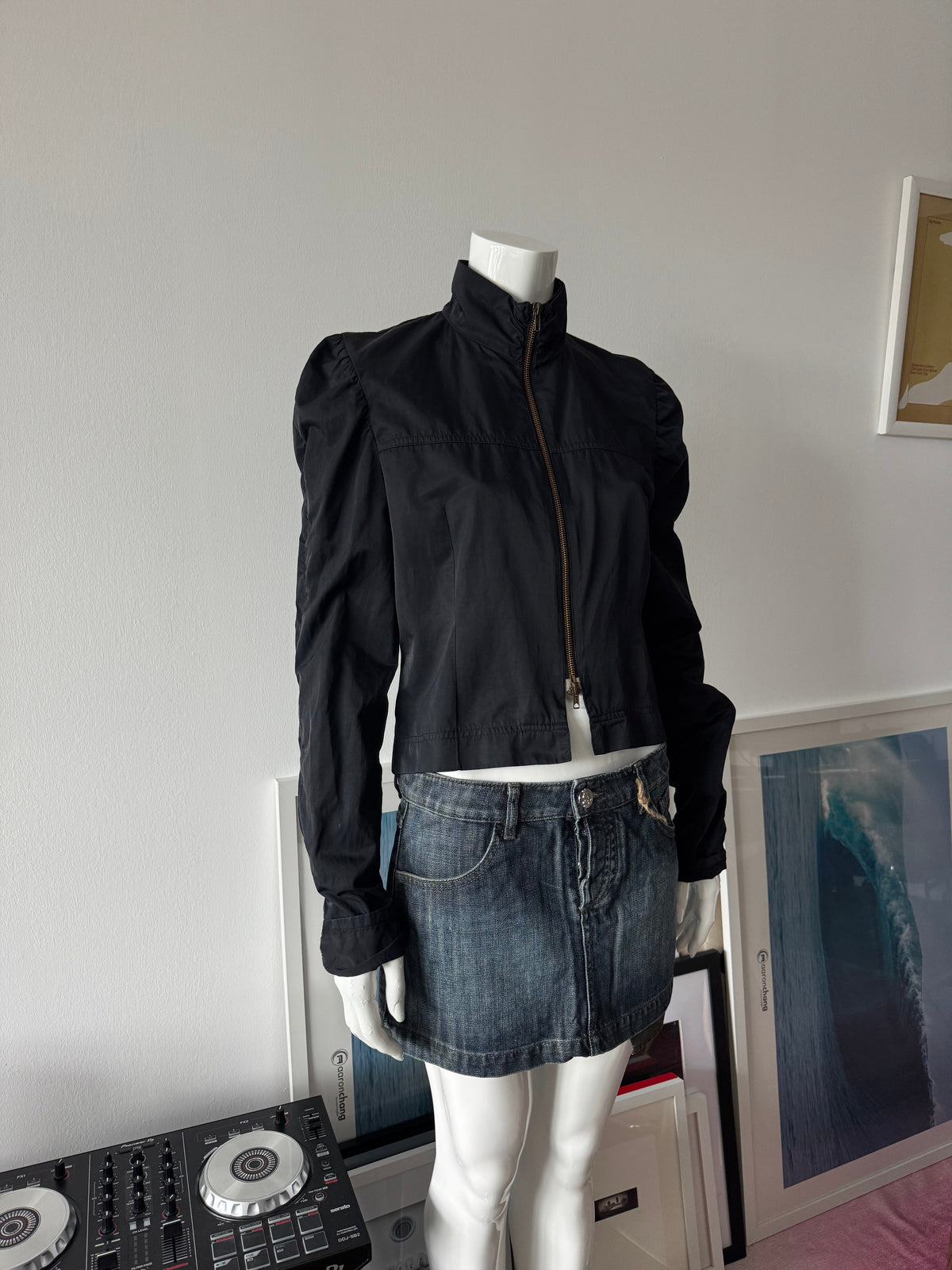 CACHE Navy Nylon Puff Sleeve Zip Up Jacket Sz S/M
