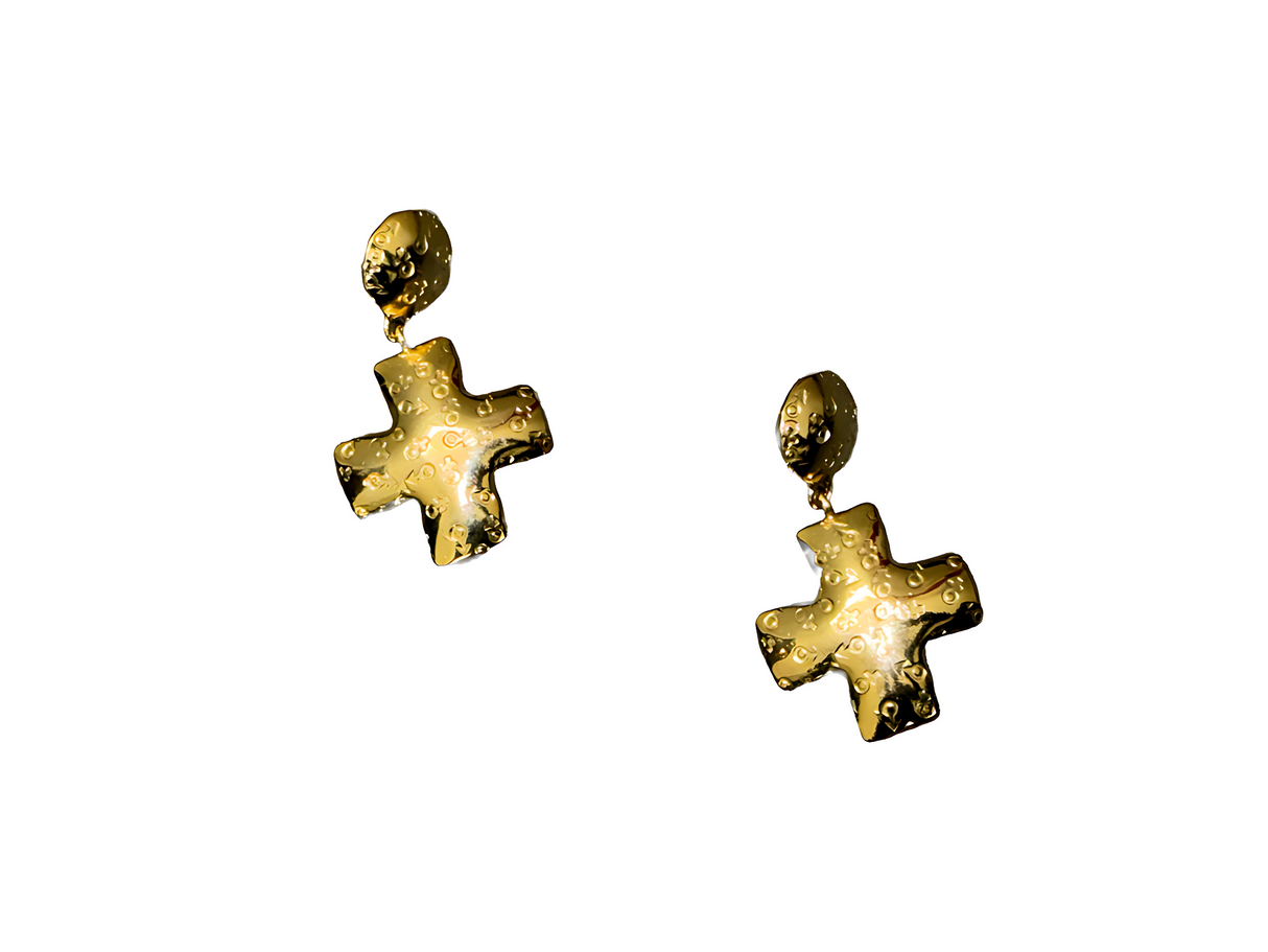 Gold Etched Cross Earrings