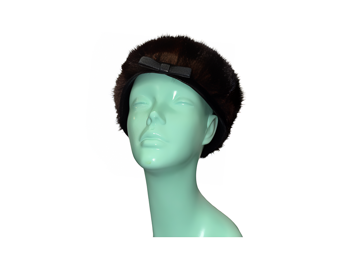 Mink Fur Pillbox Hat with Black Leather Trim