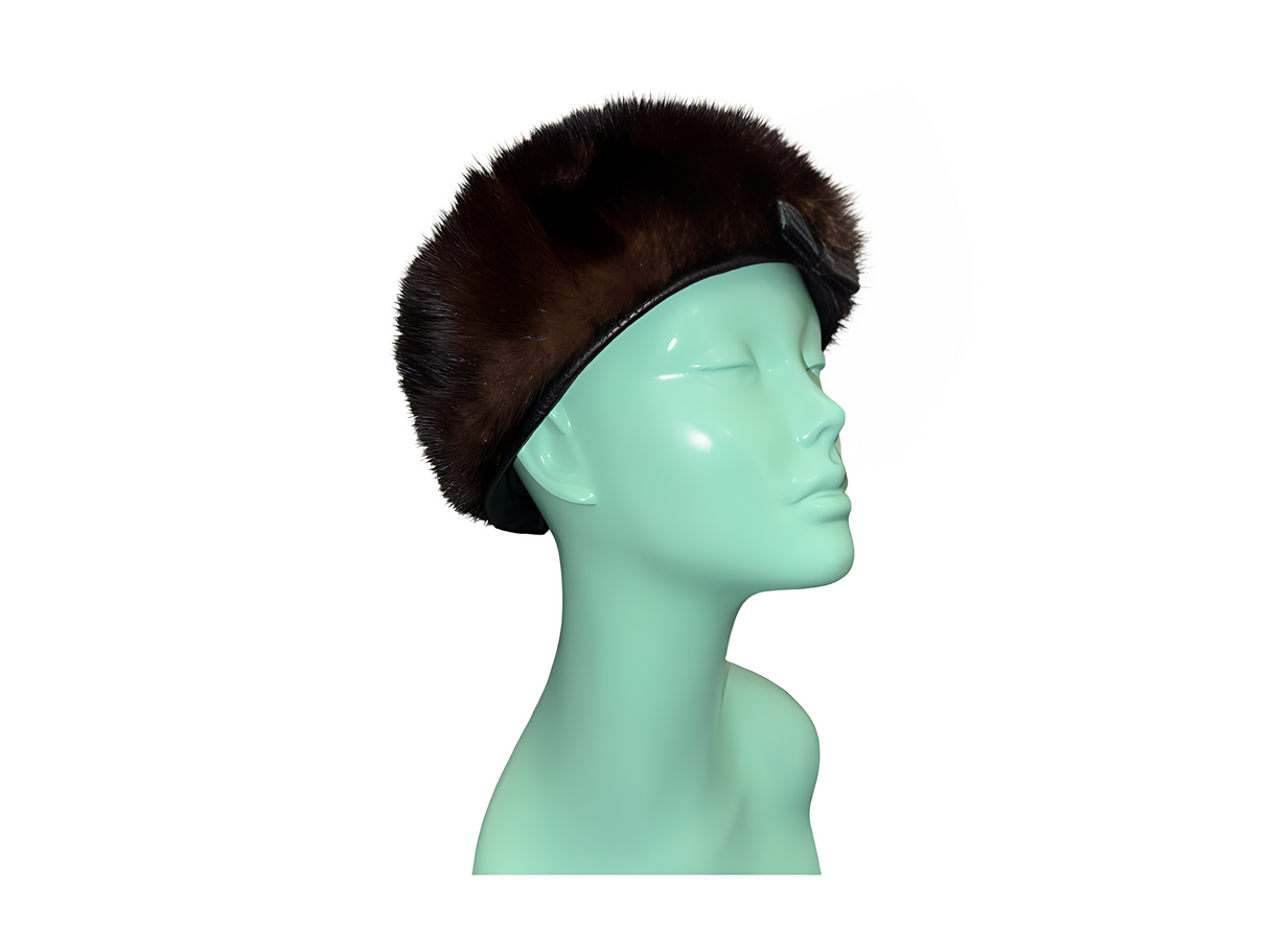 Mink Fur Pillbox Hat with Black Leather Trim