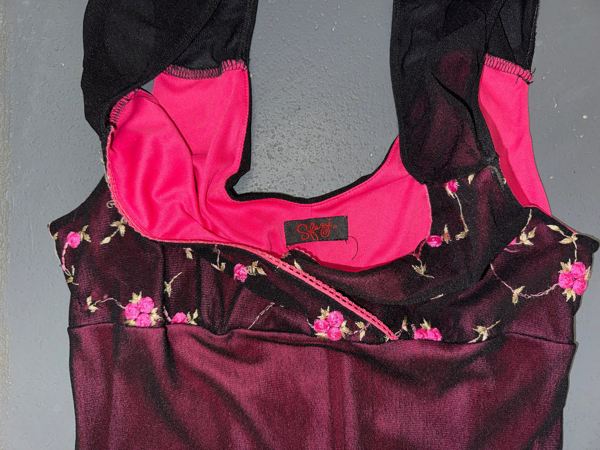 Black and Pink Mesh Floral Babydoll Dress