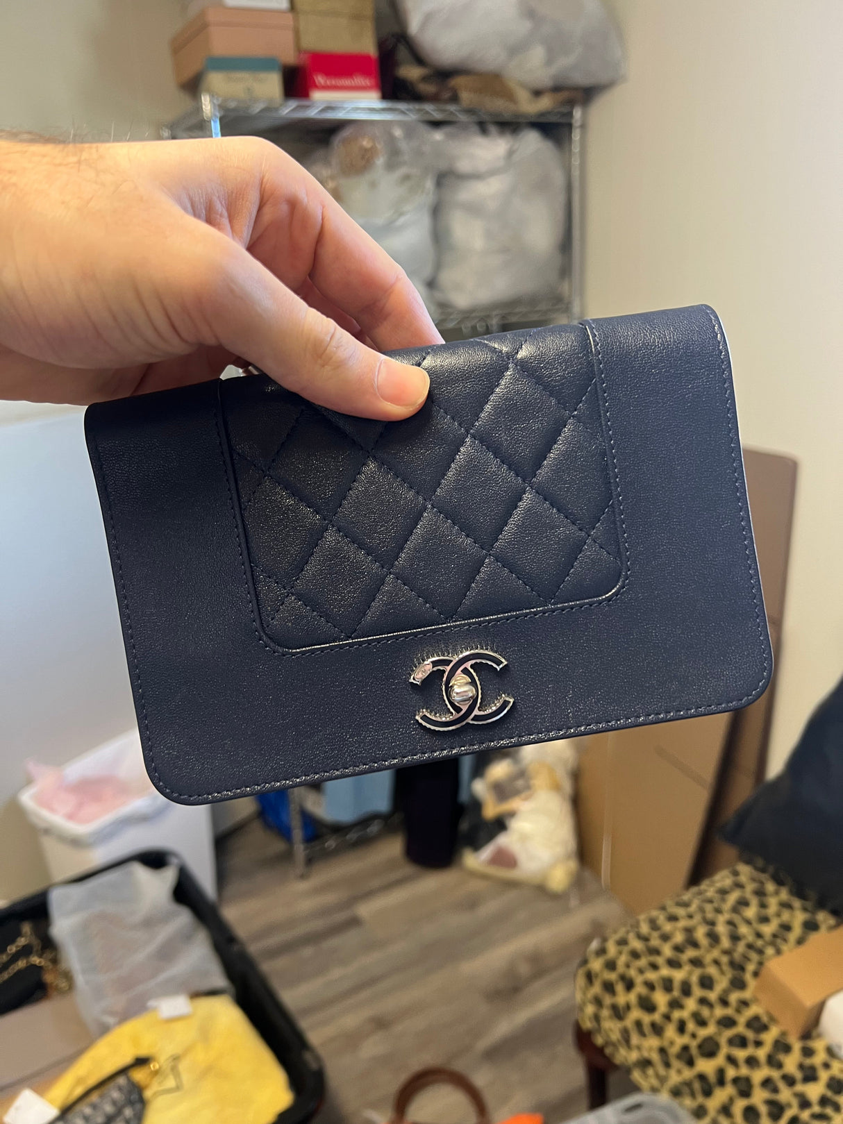 Chanel dark blue leather wallet on chain