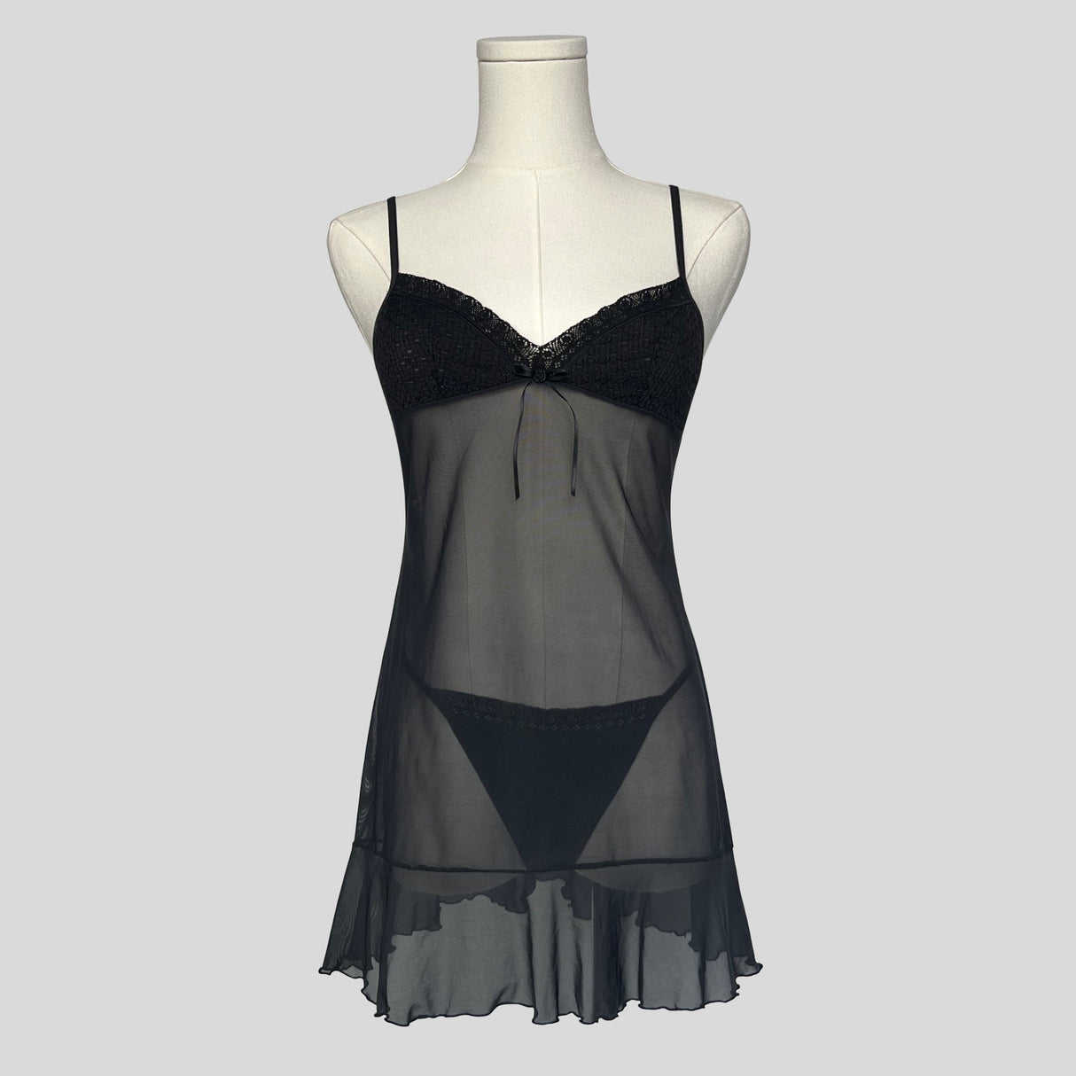 Textured bust ruffled slip dress with matching panties in black