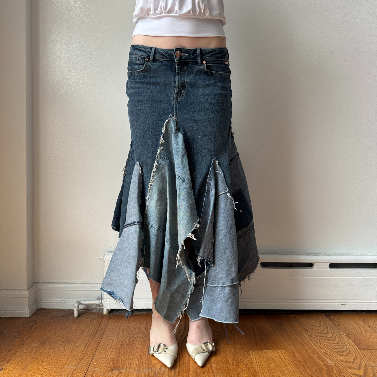 Italian Denim Ruffled Patchwork Maxi Skirt