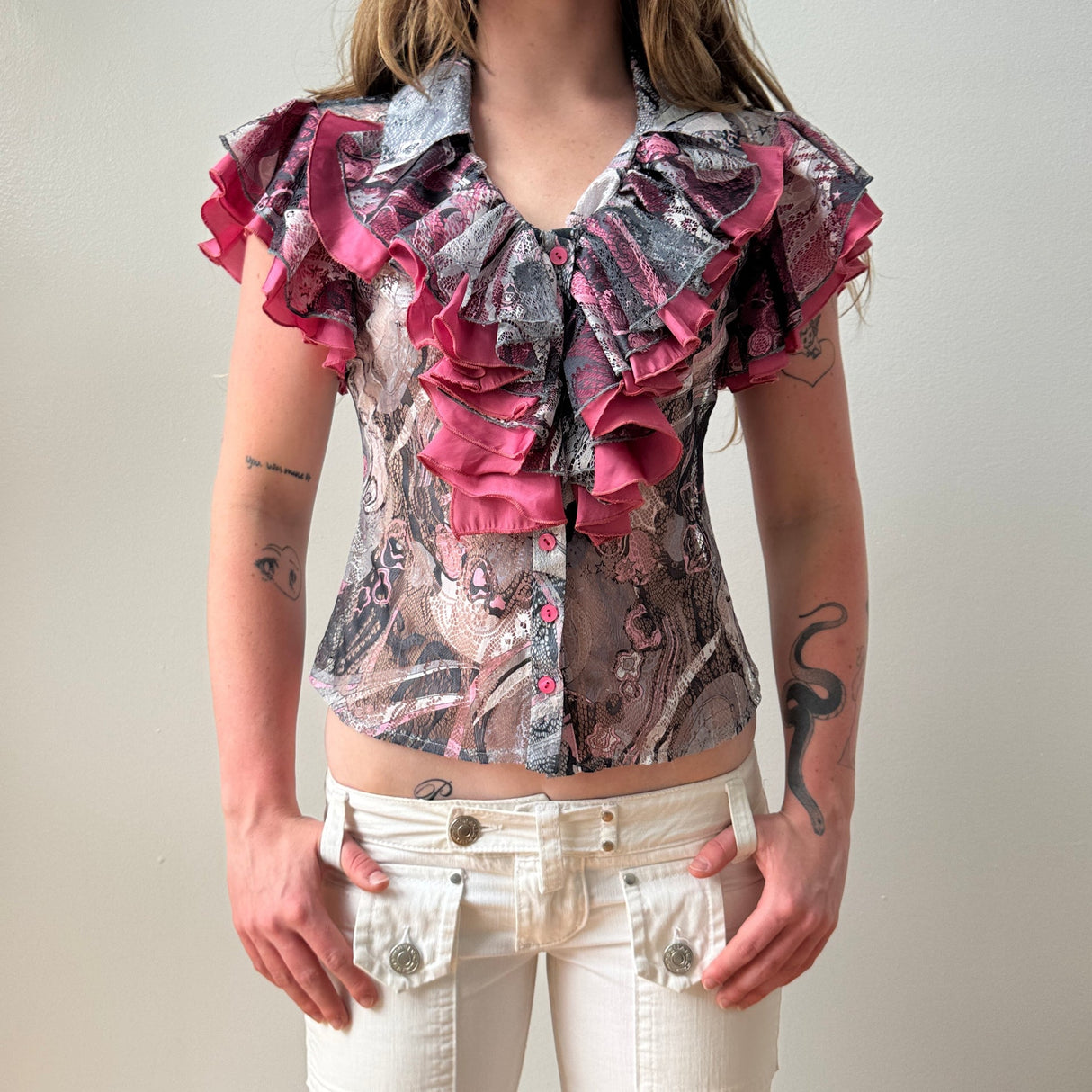 Italian Pink Grey Lace Ruffled Button Down
