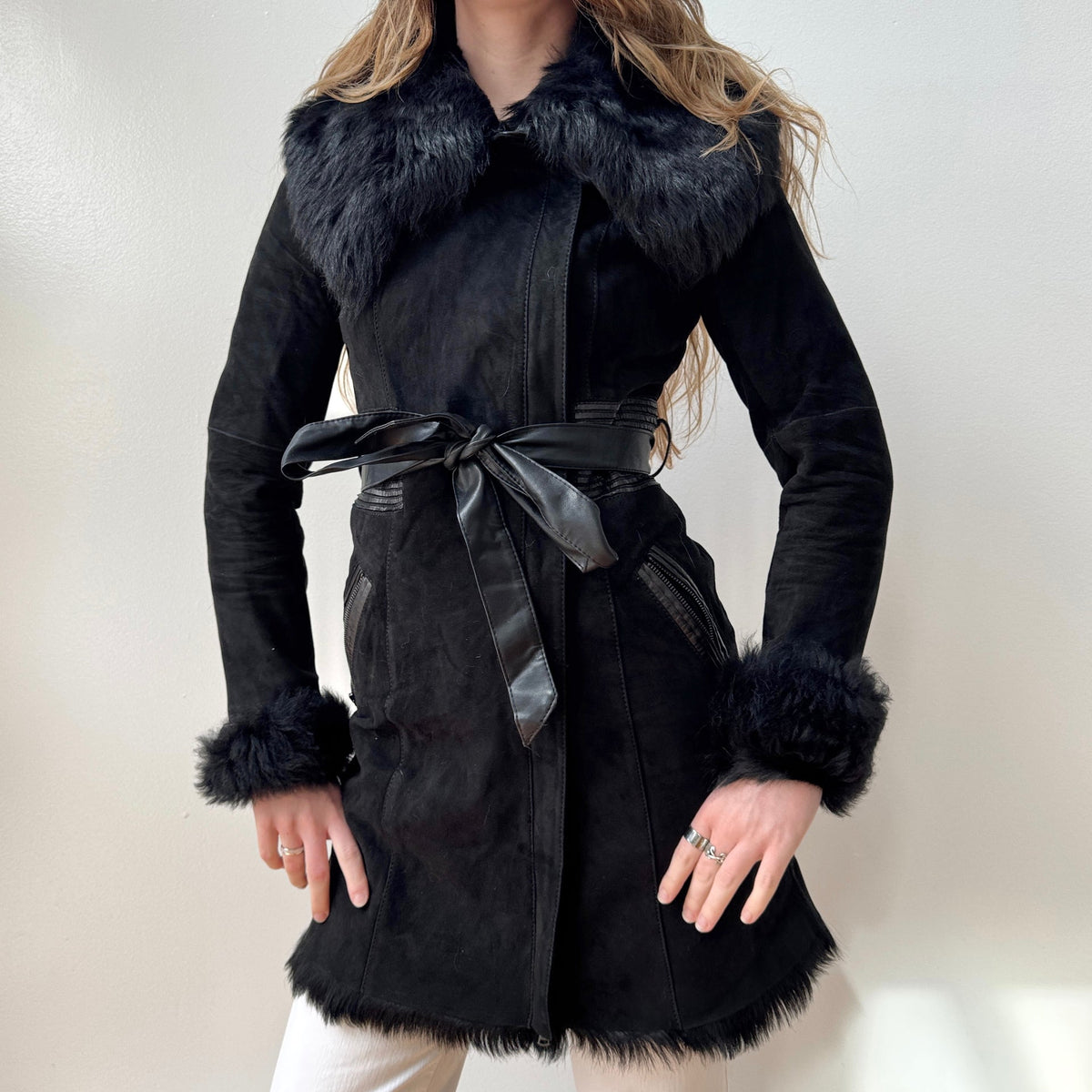 Black Suede Sherpa Fur Trim Tie Waist Trench Coat