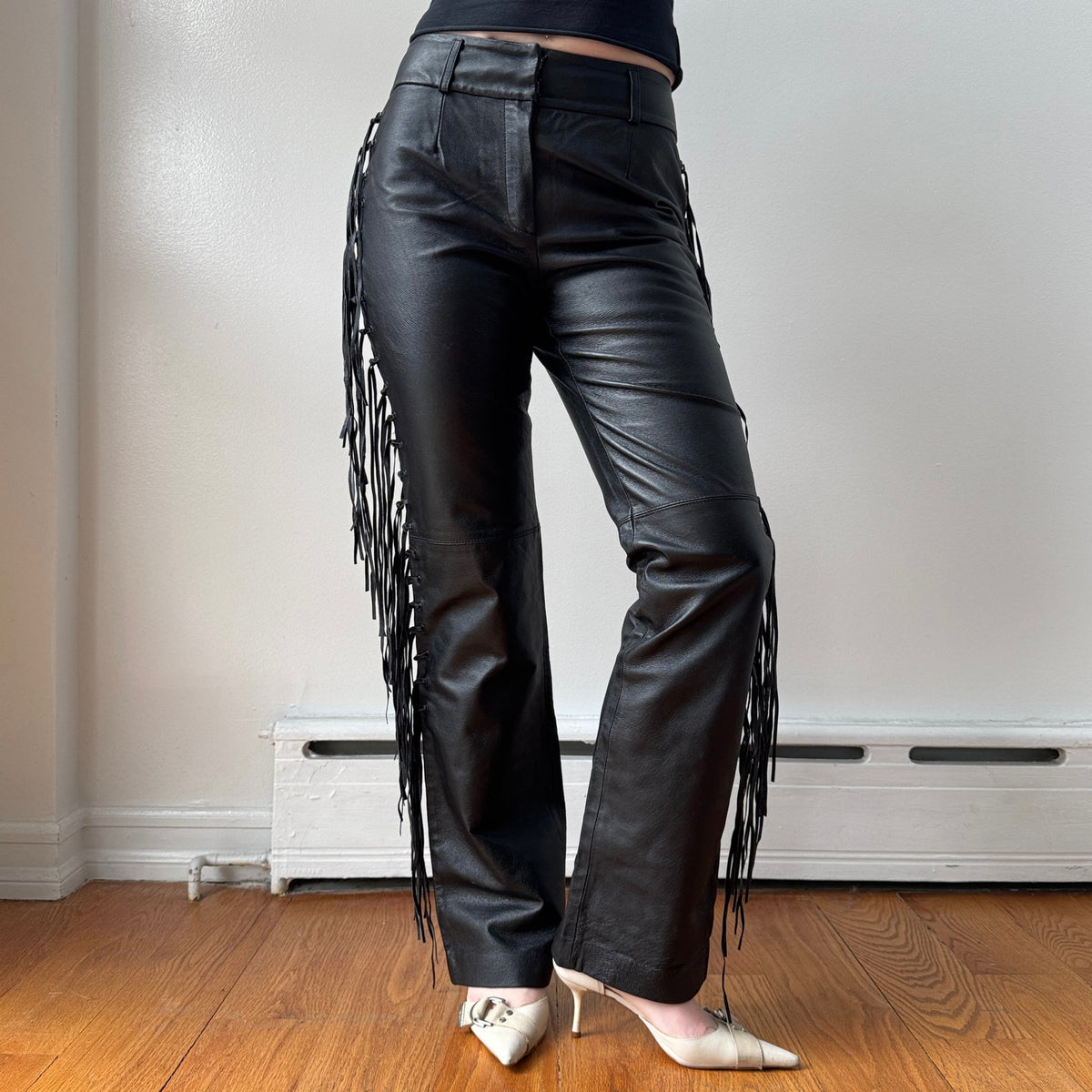 Black Leather Fringe Mid Rise Flare Pants