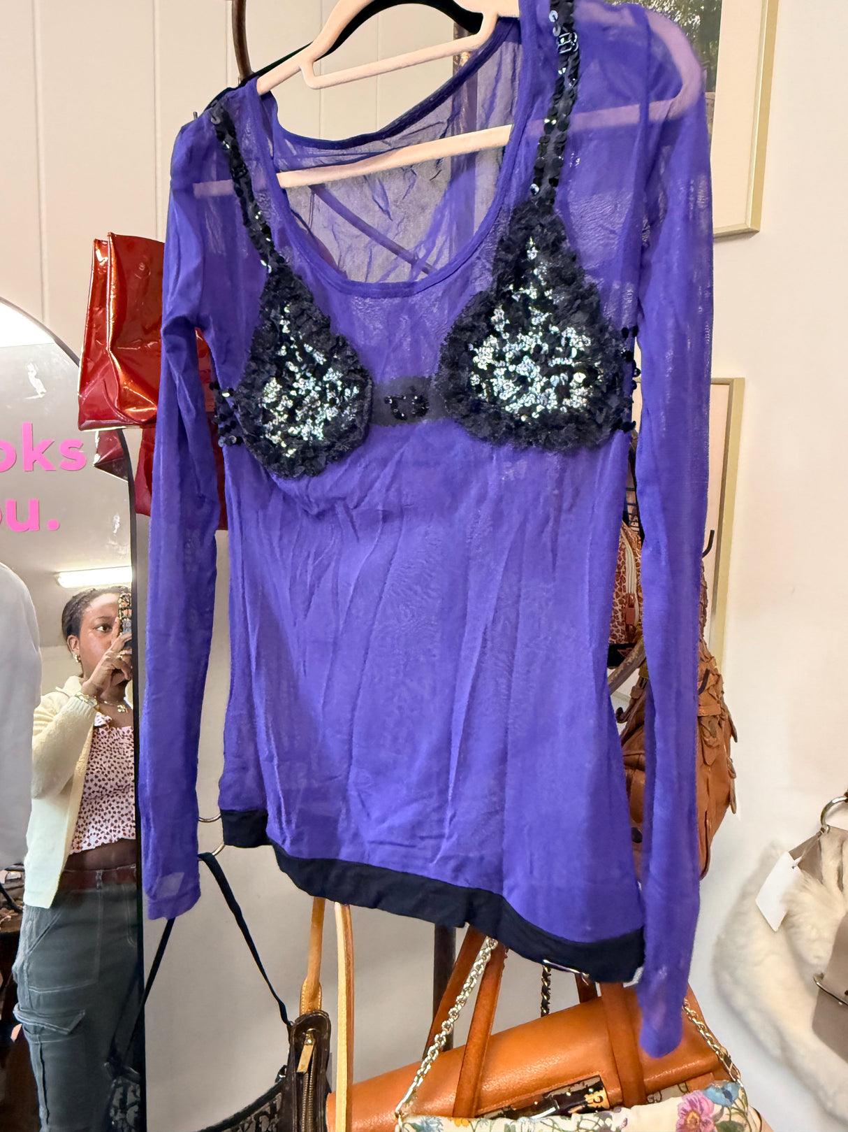 Rocco Barocco Purple with Black Sequins Sheer Shirt