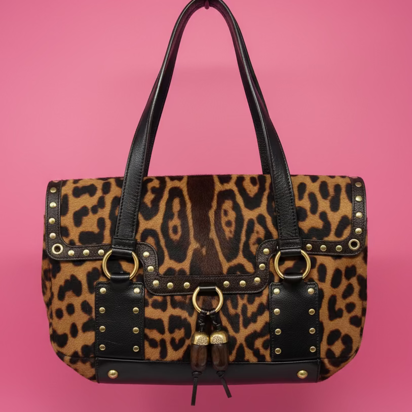 YSL Leopard Print Pony Hair Shoulder Bag