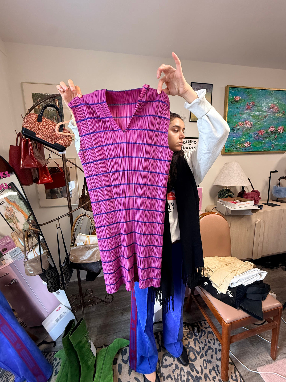 Pleats Please Magenta and Blue Striped Dress