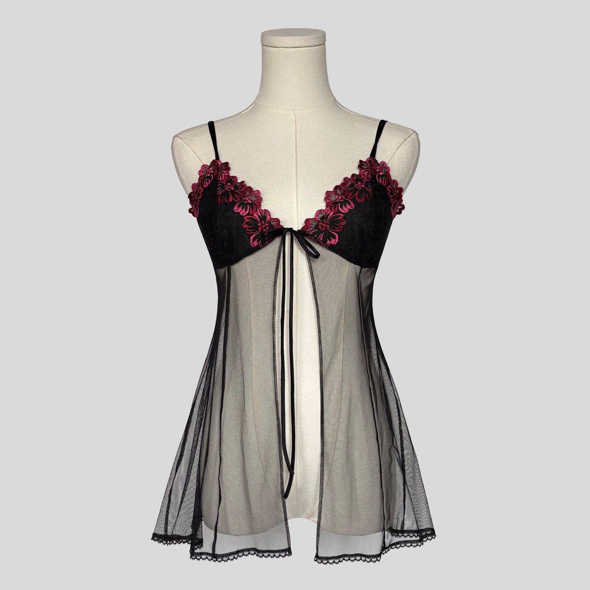 Embroidered split front mesh babydoll