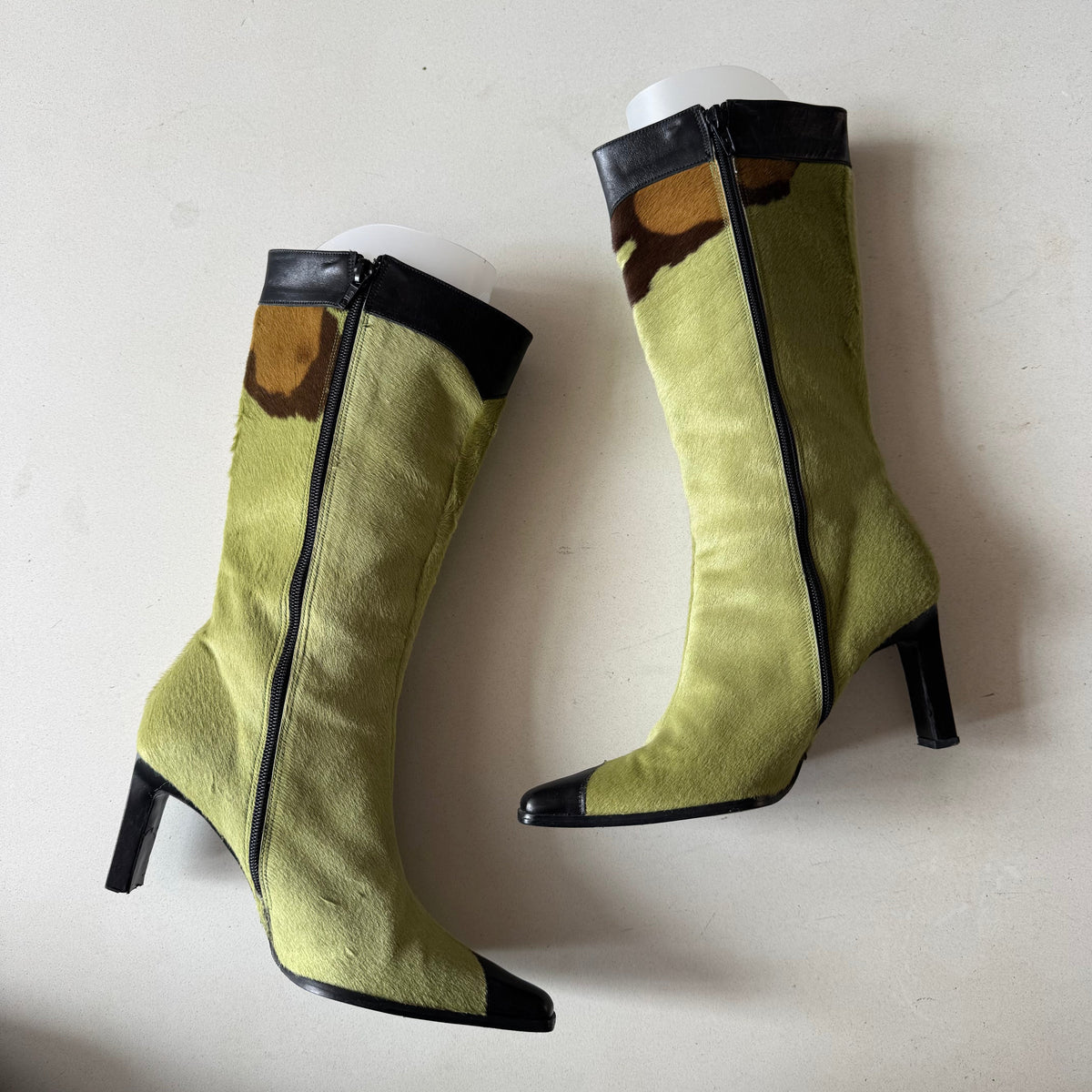 Casadei Green Pattern Pony Hair Pointed Toe Heeled Boots