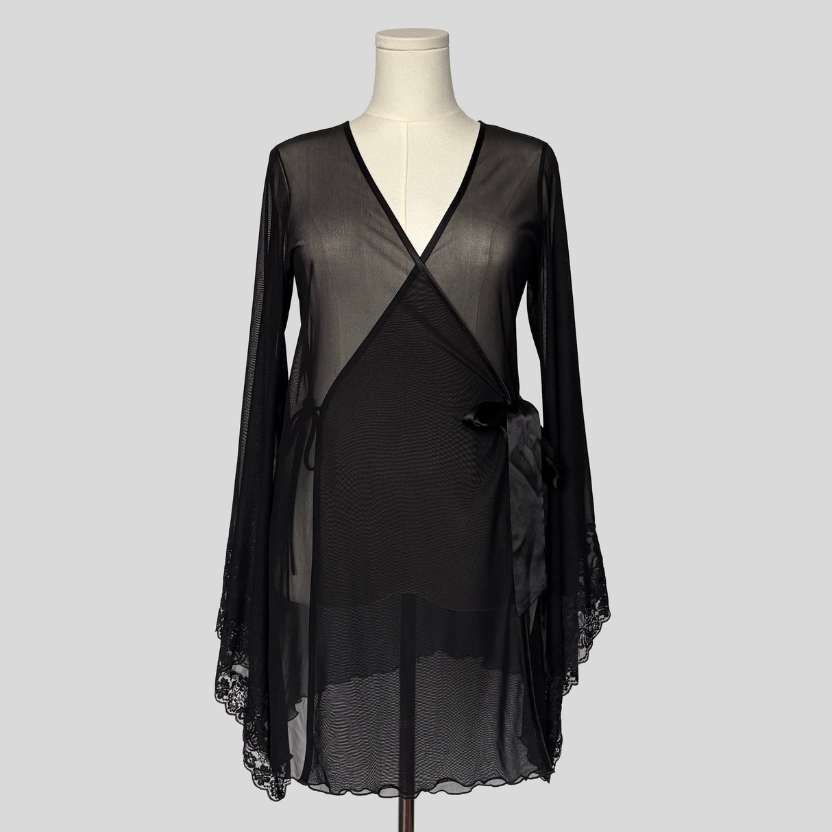 Sheer bell sleeve wrap robe with lace trim
