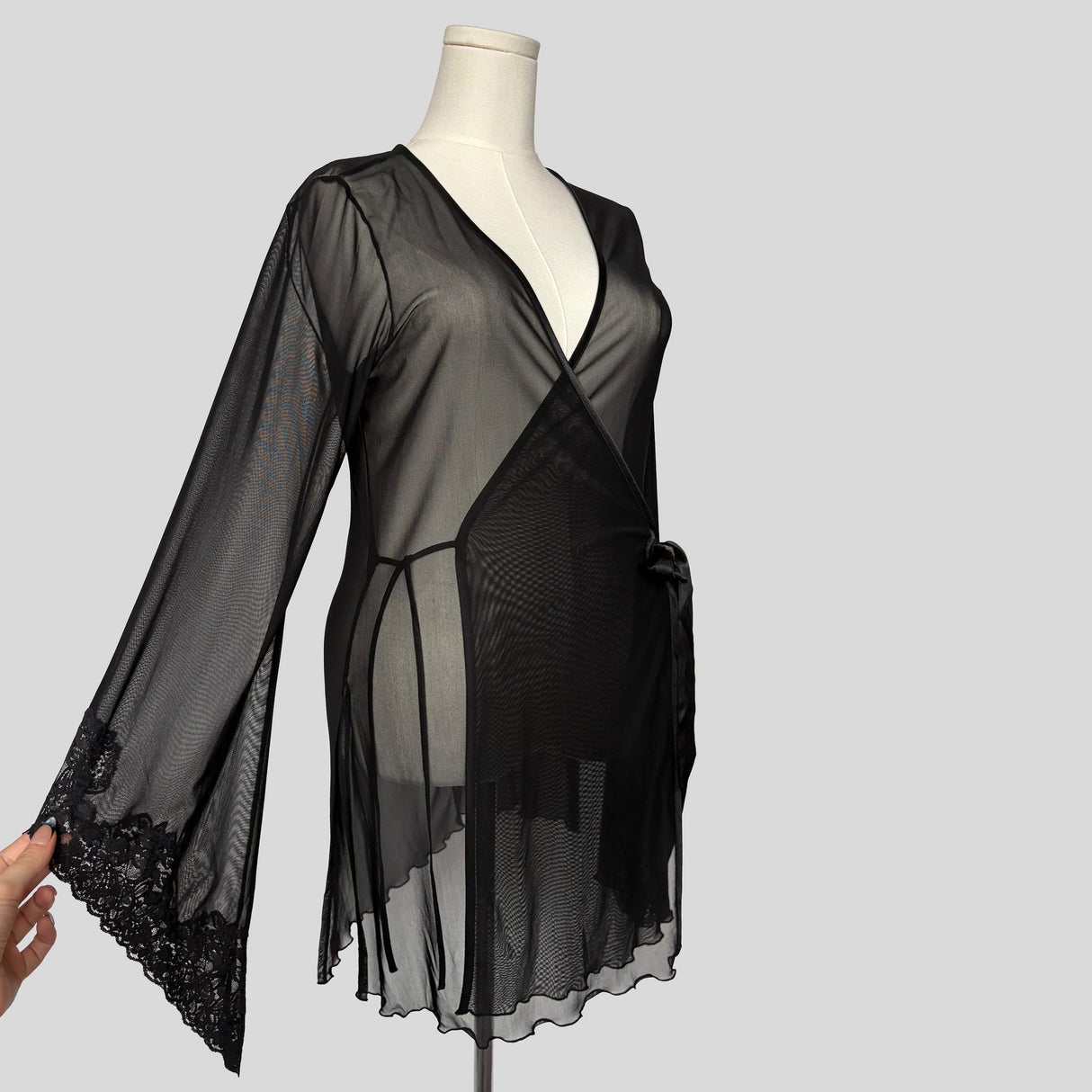 Sheer bell sleeve wrap robe with lace trim