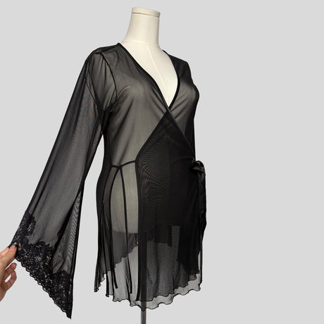 Sheer bell sleeve wrap robe with lace trim