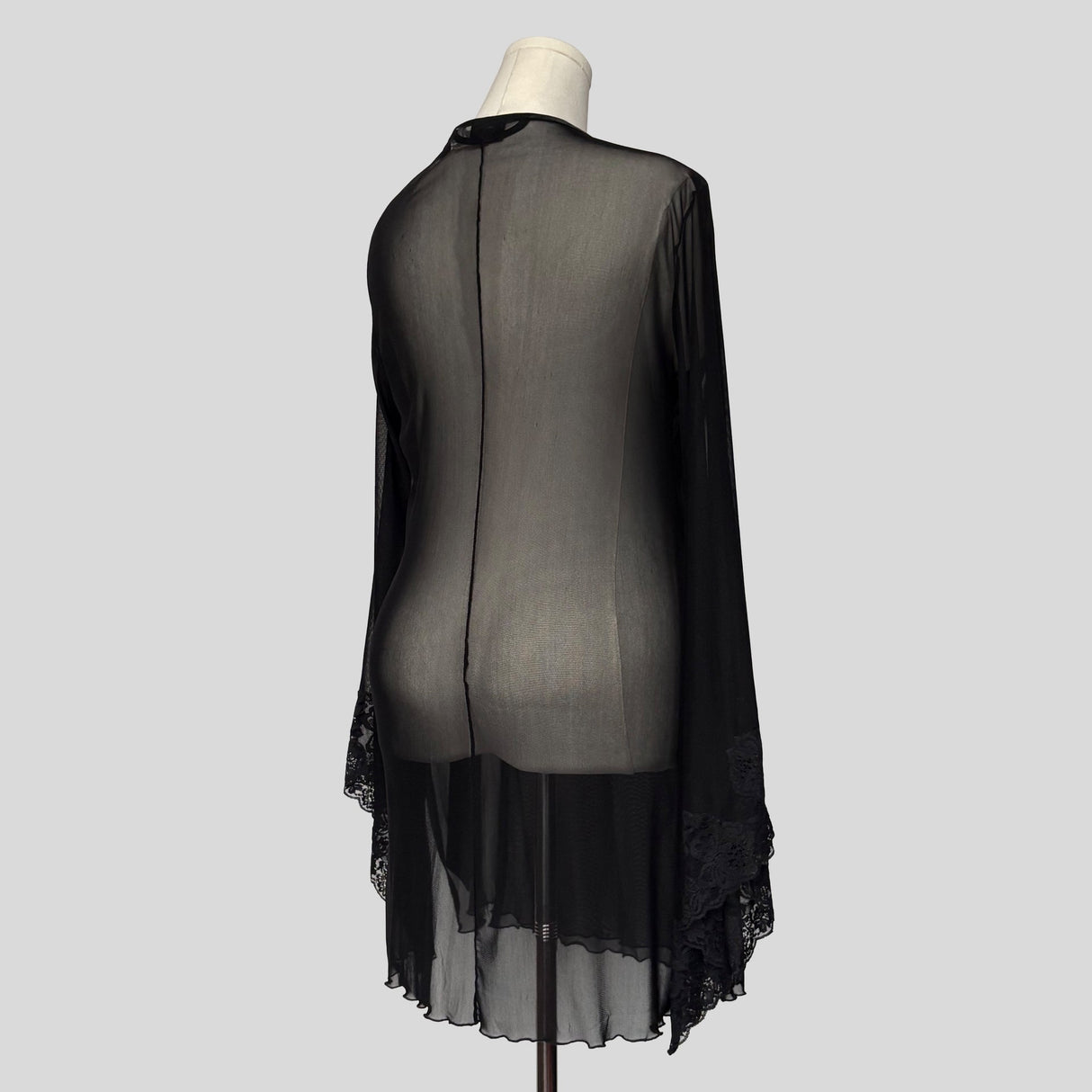 Sheer bell sleeve wrap robe with lace trim