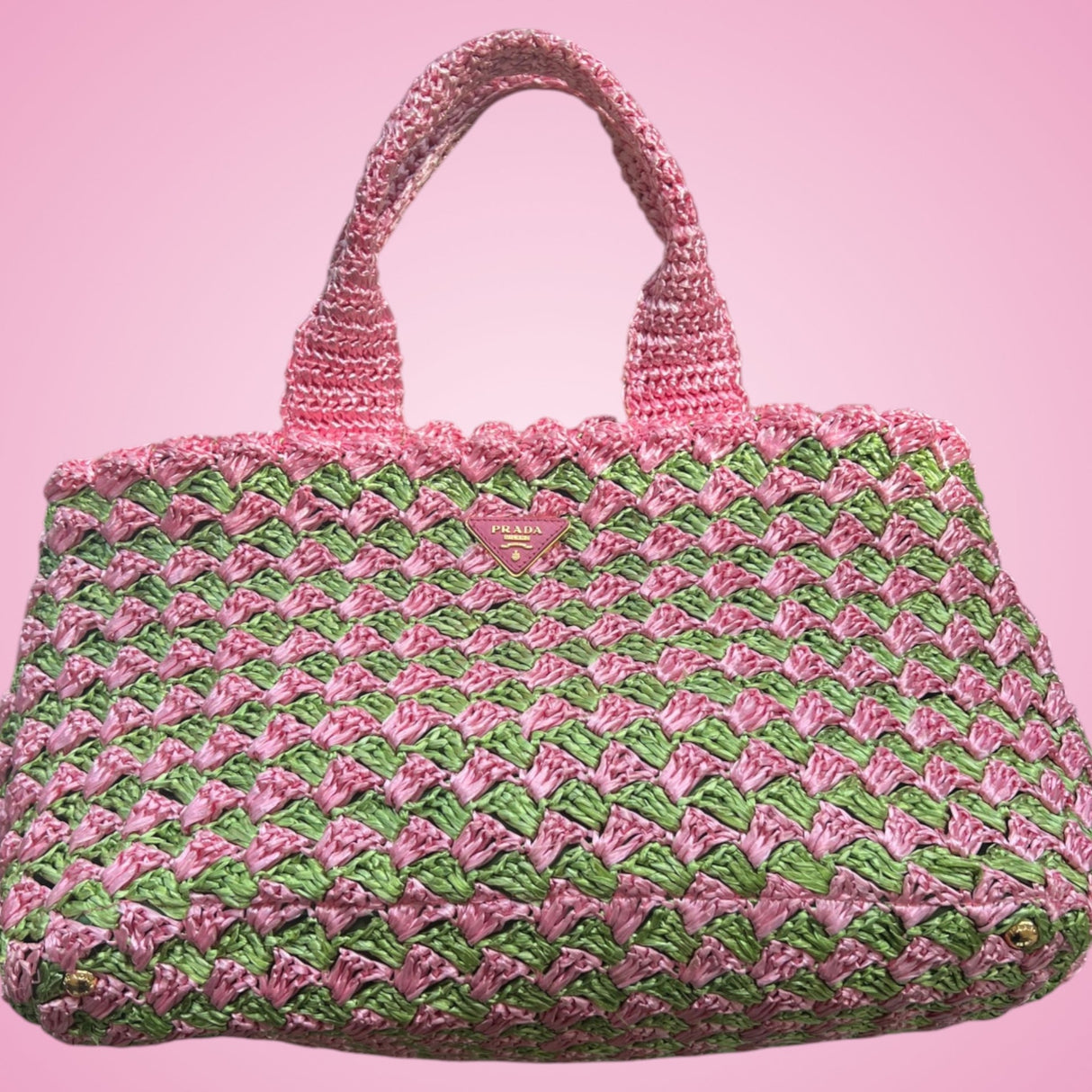 Prada Canapa Raffia Tote Pink Green