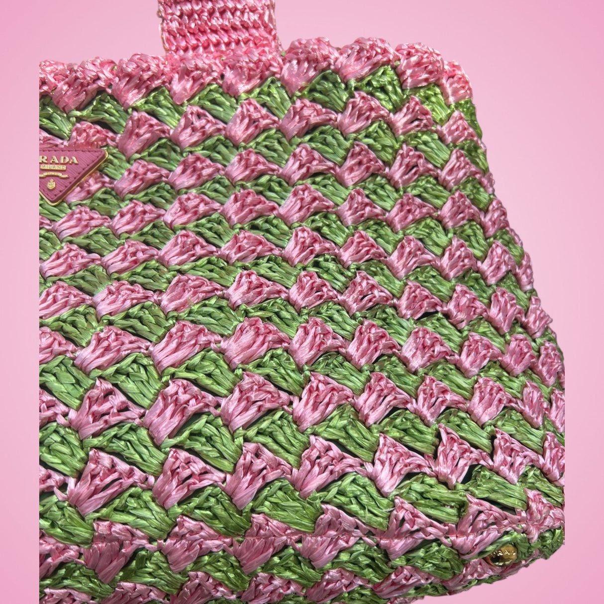 Prada Canapa Raffia Tote Pink Green