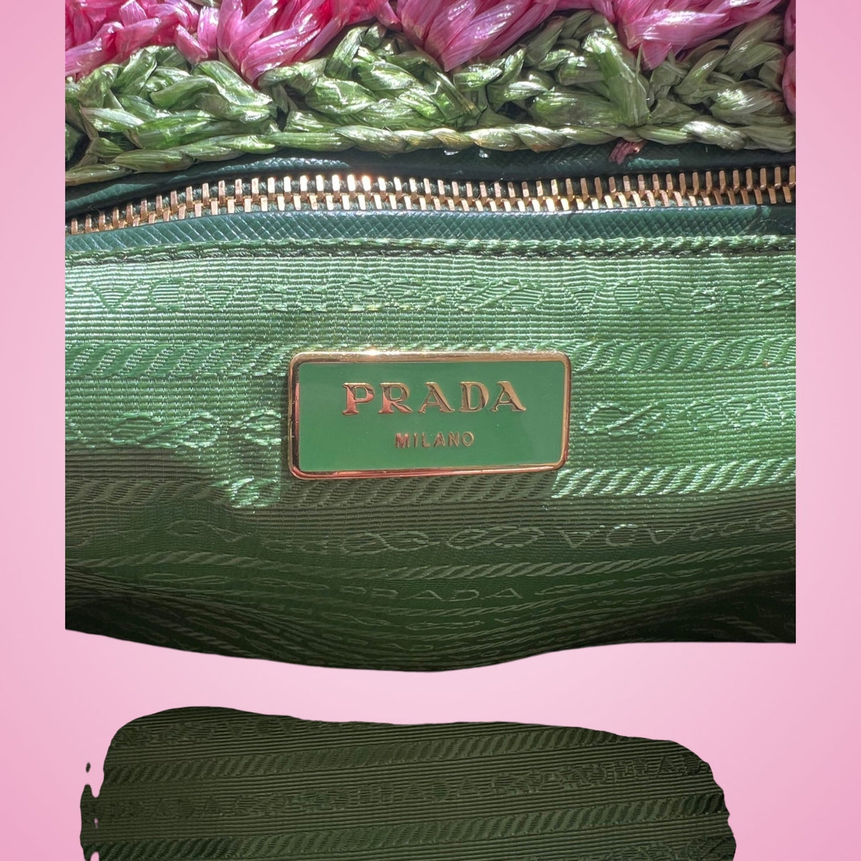 Prada Canapa Raffia Tote Pink Green