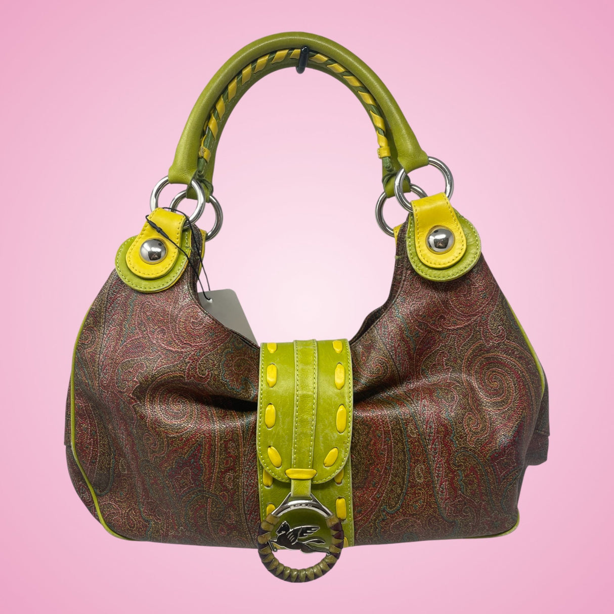 Etro Brown Paisley with Neon Leather Accent Handles & Trim Hobo Shoulder Bag