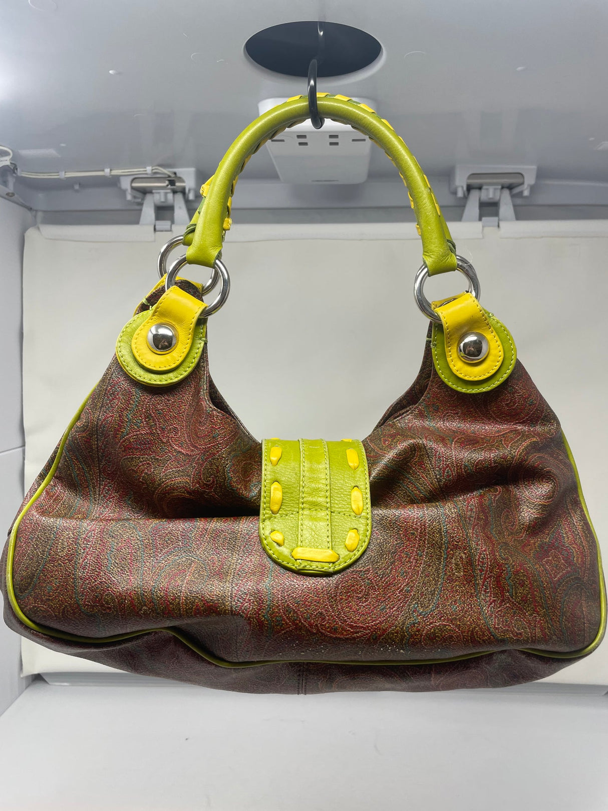 Etro Brown Paisley with Neon Leather Accent Handles & Trim Hobo Shoulder Bag