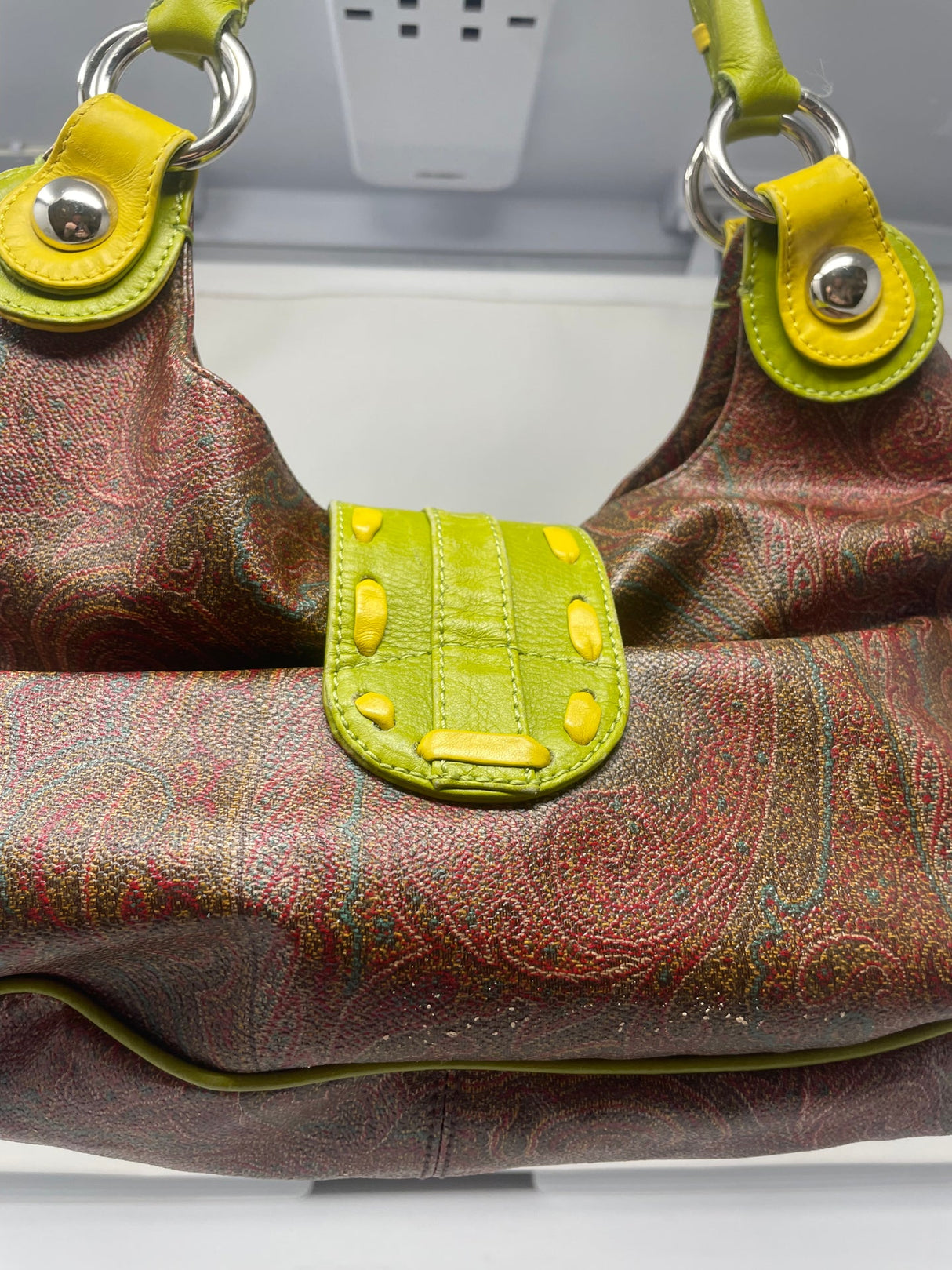 Etro Brown Paisley with Neon Leather Accent Handles & Trim Hobo Shoulder Bag