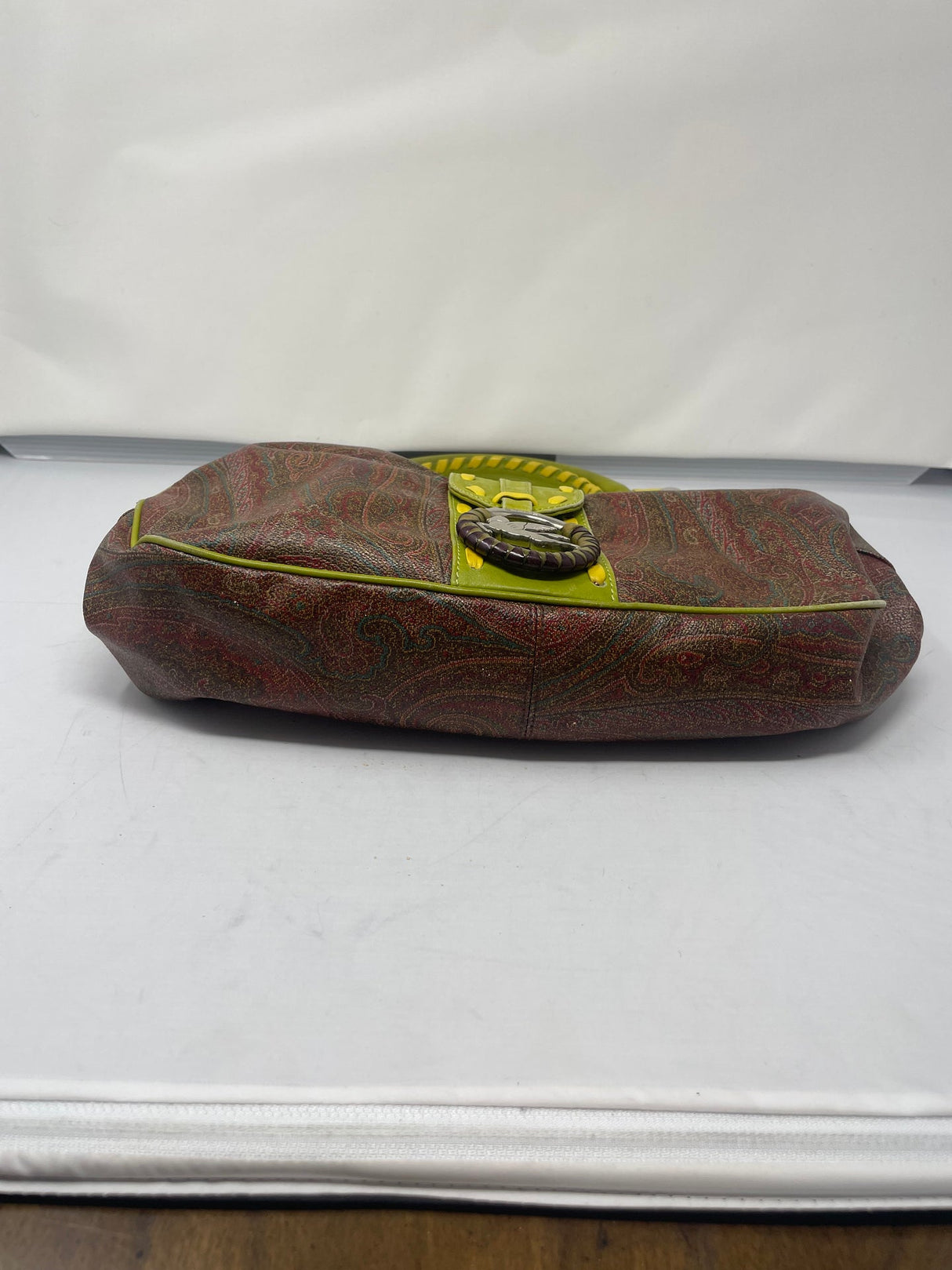 Etro Brown Paisley with Neon Leather Accent Handles & Trim Hobo Shoulder Bag