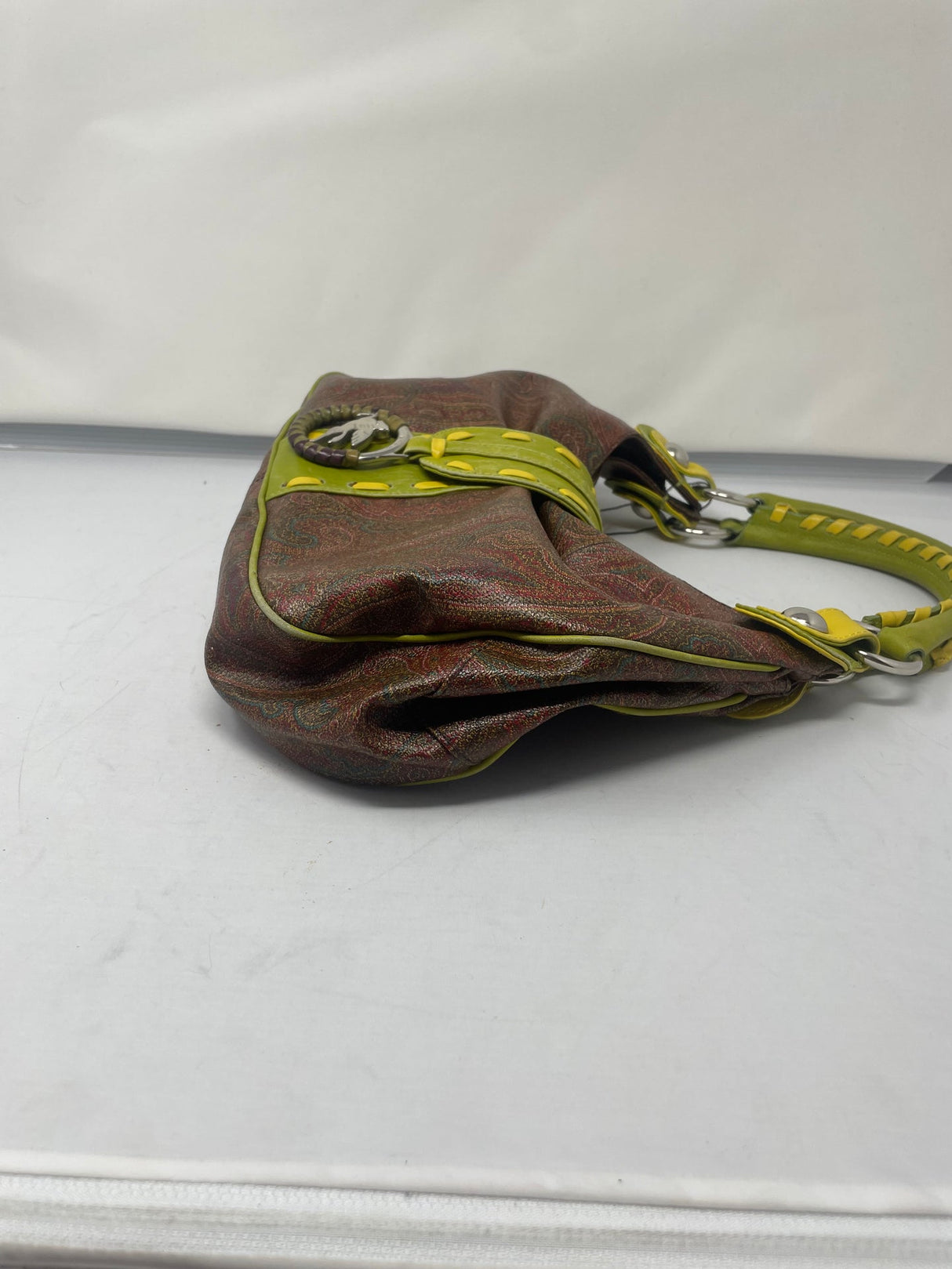 Etro Brown Paisley with Neon Leather Accent Handles & Trim Hobo Shoulder Bag