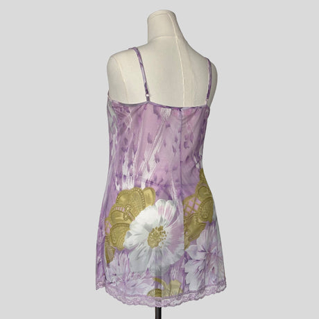 Sheer mesh slip dress with matching panties in purple floral