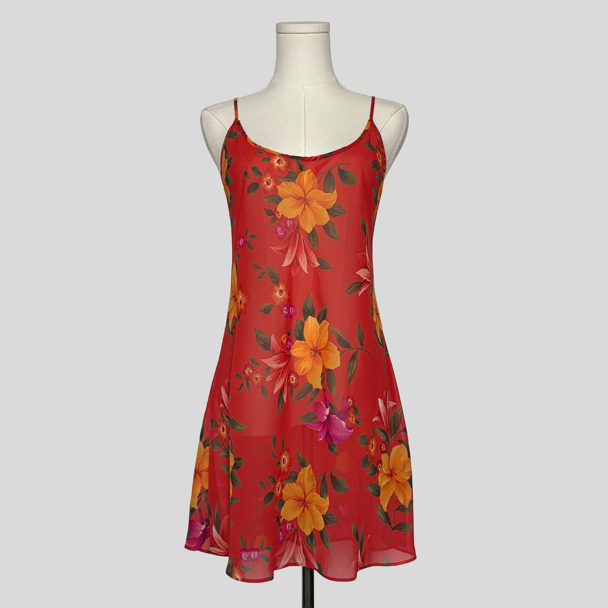Simple sheer slip dress in dark orange floral