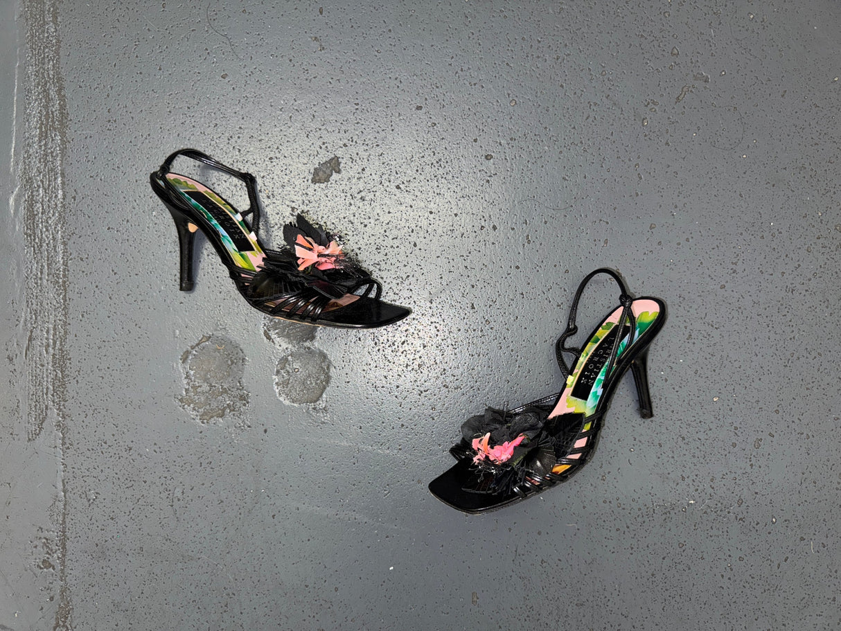 CHRISTIAN LACROIX Black Flower Strappy High Heels IT 36
